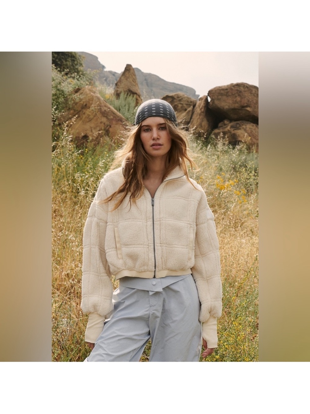 Free People FP Movement Outward Bounds Fleece Cream White Bomber Zip Up L